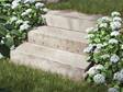 Blockstufen Kalkstein Camino Grey mit Blumen und Gras
