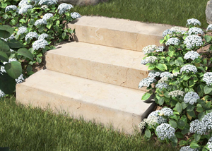 Robust, hochwertig und ein Hingucker im Garten Blockstufen Kalkstein Cremona mit Garten