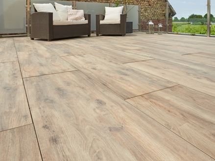 Terrasse mit modernen Rattanmöbeln und Holzoptik-Platten Canada Lodge Terrasse aus Froschperspektive