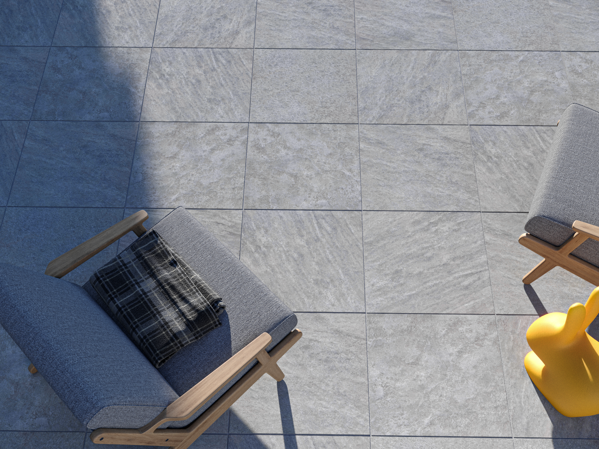 Quarzitoptik Terrassenplatte Classic Grey mit Outdoormöbeln