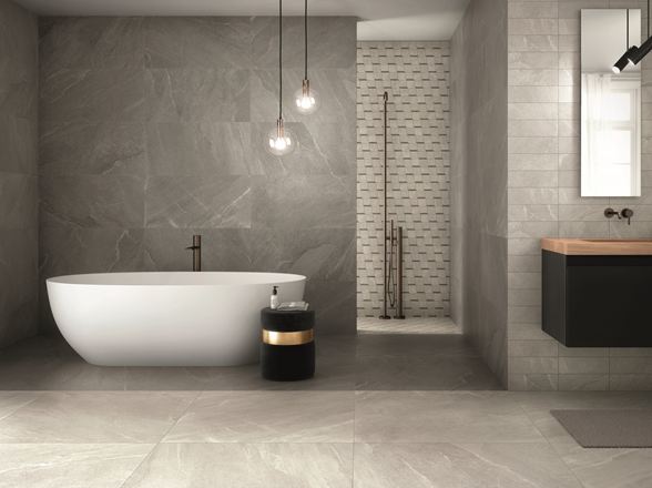 Badezimmer mit Feinsteinzeug-Fliesen Canyon Pearl