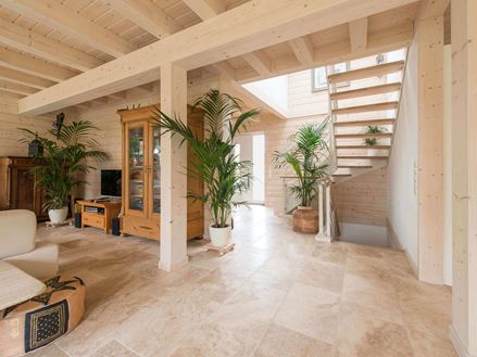 Travertin-Fliesen Rustic im Eingangsbereich und Wohnzimmer