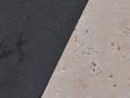 Schieferfliese Grey Slate neben Travertinfliese Light