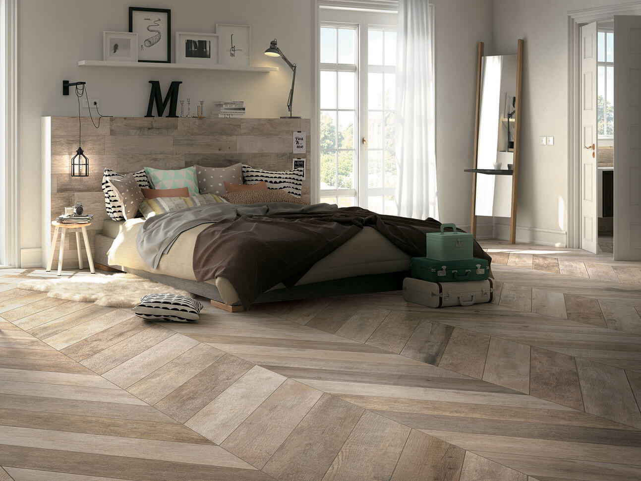 Schlafzimmer mit Feinsteinzeugfliesen Indie Sky