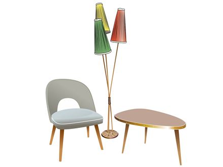 Typische Retro-Möbel: Stehleuchte mit knalligen Lampenschirmenund Nierentsich