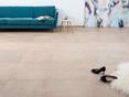 Top-Marken-Qualität aus Italien! Wohnzimmer mit türkisfarbener Couch, großem Gemälde und schwarzen Schuhen, Bodenbelag Feinstein in Kalksteinoptik